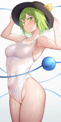 Rule 34 | 1girl, absurdres, alternate costume, black hat, breasts, commentary request, eyeball, green eyes, green hair, hat, highres, komeiji koishi, looking at viewer, medium breasts, nagomian, one-piece swimsuit, short hair, solo, swimsuit, thighs, third eye, touhou, wet