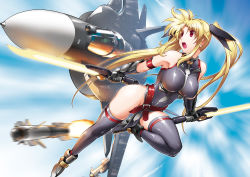 Rule 34 | 00s, 1girl, aircraft, airplane, bardiche (nanoha), blonde hair, breasts, cloud, dual wielding, energy blade, energy sword, fate testarossa, fighter jet, hair ribbon, henshako, highres, holding, jet, large breasts, leg up, legs, leotard, long hair, long legs, lyrical nanoha, mahou shoujo lyrical nanoha, mahou shoujo lyrical nanoha strikers, military, military vehicle, missile, open mouth, red eyes, ribbon, sky, solo, su-47 berkut, sword, thighhighs, thighs, twintails, vehicle focus, weapon