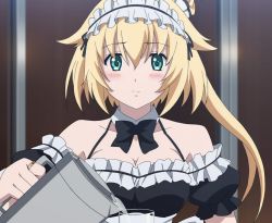 Rule 34 | 10s, 1girl, blonde hair, blush, breasts, cleavage, detached collar, glass, gradient background, green eyes, jewelry, kuusen madoushi kouhosei no kyoukan, lecty eisenach, maid, maid headdress, pitcher (container), pouring, ring, screencap, short hair, solo