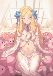 Rule 34 | 1girl, absurdres, bare shoulders, blonde hair, blue bow, blue eyes, blue ribbon, blush, bow, bra, breasts, cover, cover page, detached sleeves, forehead, garter straps, hair bow, highres, indoors, jin rou, long hair, looking at viewer, navel, novel cover, original, parted bangs, petals, ribbon, see-through, sitting, small breasts, smile, solo, stuffed animal, stuffed toy, teddy bear, thighs, underwear, very long hair, window