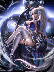Rule 34 | 1girl, alternate breast size, ass, blue dress, blue eyes, blue footwear, breasts, breasts apart, dress, earrings, hair between eyes, high heels, highres, holding, holding sword, holding weapon, jewelry, knight, large breasts, liang xing, long hair, long sleeves, looking at viewer, pleated dress, rwby, scar, scar across eye, scar on face, short dress, shrug (clothing), side ponytail, silver hair, sitting, sleeveless, sleeveless dress, solo, strapless, strapless dress, sword, thighhighs, very long hair, weapon, weiss schnee, white thighhighs