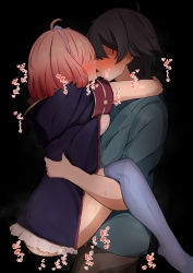 Rule 34 | 1boy, 1girl, absurdres, ahoge, arms around neck, black background, black hair, black jacket, blue bow, blue shirt, blue thighhighs, blush, bow, brown pants, chieru (princess connect!), clothed sex, commentary request, french kiss, from side, hair bow, hair over eyes, hairband, heart, hetero, highres, hood, hood down, hooded coat, hooded jacket, hug, jacket, kiss, narusan beam2, open mouth, pants, pink hair, pink hairband, princess connect!, profile, sex, shirt, short hair, simple background, standing, steaming body, suspended congress, sweat, thighhighs, translation request