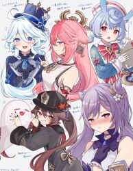 Rule 34 | 5girls, :d, absurdres, ahoge, animal ears, ascot, black headwear, black shirt, blue ascot, blue eyes, blue hair, blue headwear, blue jacket, boo tao (genshin impact), brooch, brown hair, commentary request, cone hair bun, engasaki sakura, fox ears, furina (genshin impact), genshin impact, gloves, grey background, grin, hair bun, hat, highres, hu tao (genshin impact), jacket, jewelry, keqing (genshin impact), long hair, looking at viewer, multiple girls, nontraditional miko, open mouth, pink hair, purple eyes, purple gloves, purple hair, red eyes, shirt, sigewinne (genshin impact), sleeveless, sleeveless shirt, smile, top hat, translation request, twintails, upper body, very long hair, white gloves, white shirt, yae miko