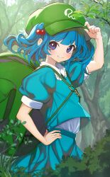 Rule 34 | 1girl, blue eyes, blue hair, blue shirt, blue skirt, closed mouth, day, flat cap, forest, green hat, hair bobbles, hair ornament, hand on own hip, hat, highres, kawashiro nitori, key, looking at viewer, medium hair, nature, nerutora, outdoors, puffy short sleeves, puffy sleeves, shirt, short sleeves, skirt, smile, solo, touhou, two side up