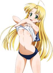 Rule 34 | 10s, 1girl, ahoge, asia argento, blonde hair, blush, breasts, buruma, extraction, green eyes, high school dxd, highres, long hair, medium breasts, navel, open mouth, solo, sweatdrop, transparent background, underboob, undressing