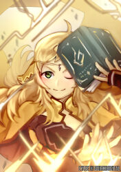 Rule 34 | 1girl, absurdres, ahoge, blonde hair, bridal gauntlets, circlet, closed mouth, fingerless gloves, fire emblem, fire emblem fates, gloves, grey eyes, highres, holding, holding weapon, light rays, long hair, looking at viewer, nintendo, one eye closed, ophelia (fire emblem), quirkidigital, smile, solo, upper body, weapon