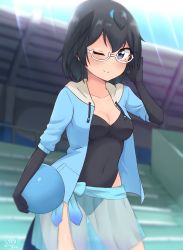 Rule 34 | 1girl, absurdres, adjusting eyewear, artist name, ball, black gloves, black hair, black one-piece swimsuit, blue eyes, blue hoodie, blue sarong, blurry, blurry background, breasts, california sea lion (kemono friends), california sea lion (kemono friends) (cosplay), closed mouth, commentary request, cosplay, covered navel, cowboy shot, depth of field, drawstring, elbow gloves, gloves, highres, holding, holding ball, hood, hoodie, kemono friends, looking at viewer, medium breasts, one-piece swimsuit, one eye closed, open hand, sarong, semi-rimless eyewear, shiraha maru, short hair, signature, smile, solo, standing, superb bird-of-paradise (kemono friends), swimsuit, under-rim eyewear, white-framed eyewear