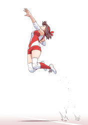 Rule 34 | 1girl, absurdres, arm up, brown eyes, brown hair, commentary request, elbow pads, girls und panzer, headband, highres, jumping, knee pads, kondou taeko, legs up, medium hair, partial commentary, red headband, red shirt, red shorts, red socks, satou yasu, shirt, shoes, short shorts, shorts, simple background, single vertical stripe, sleeveless, sleeveless shirt, sneakers, socks, solo, sportswear, volleyball uniform, white background, white footwear