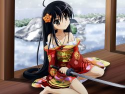 Rule 34 | 00s, 1girl, alastor (shakugan no shana), black hair, japanese clothes, jewelry, katana, pendant, shakugan no shana, shana, sitting, solo, sword, ueda kazuyuki, weapon