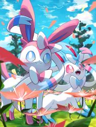 Rule 34 | alternate color, blue eyes, blurry, blush, bright pupils, closed mouth, cloud, commentary request, creatures (company), day, flower, game freak, gen 6 pokemon, grass, highres, nintendo, no humans, orange flower, outdoors, petals, pink eyes, pokemon, pokemon (creature), shiny and normal, shiny pokemon, shiny sylveon, sky, smile, standing, surumeika (ninfiiiir), sylveon, tree, white pupils