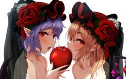 Rule 34 | 2girls, apple, bat wings, black wings, blonde hair, blush, collarbone, crystal, fingernails, flandre scarlet, flower, food, fruit, indica, long hair, multiple girls, nail polish, one side up, open mouth, pointy ears, purple hair, red eyes, red flower, red nails, red rose, remilia scarlet, rose, short hair, siblings, simple background, sisters, touhou, white background, wings
