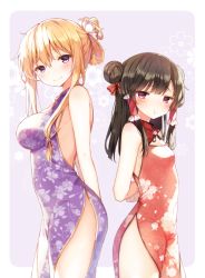 Rule 34 | 2girls, :t, alternate hairstyle, arms behind back, bad id, bad twitter id, black hair, blonde hair, blush, breasts, china dress, chinese clothes, double bun, dress, floral print, flower, from side, hair bun, hair flower, hair ornament, hair tubes, hakurei reimu, impossible clothes, large breasts, long hair, looking at viewer, multiple girls, pout, purple eyes, red eyes, shnva, side slit, smile, standing, touhou, yakumo yukari
