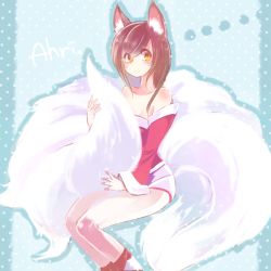 Rule 34 | 1girl, ahri (league of legends), animal ears, bare shoulders, brown hair, character name, detached sleeves, facial mark, fox ears, fox tail, holding tail, korean clothes, league of legends, long sleeves, looking at viewer, mizoreame, multiple tails, solo, tail, whisker markings