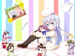 Rule 34 | 1girl, absurdres, animal, animal on head, bad id, bad pixiv id, beige sweater, black thighhighs, blue eyes, blue ribbon, bow, bowtie, brown footwear, brown hair, closed eyes, deyui, floating hair, from side, full body, gochuumon wa usagi desu ka?, hair between eyes, hair ornament, highres, hoto cocoa, hugging own legs, kafuu chino, loafers, long hair, looking at viewer, miniskirt, neck ribbon, on head, open mouth, pen, photo (object), pleated skirt, rabbit, rabbit on head, red bow, ribbon, shoes, silver hair, sitting, skirt, solo, striped, striped background, stuffed animal, stuffed toy, thighhighs, tippy (gochiusa), v over eye, white skirt, x hair ornament, zettai ryouiki