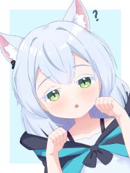 Rule 34 | 1girl, ?, absurdres, animal ear fluff, animal ears, arknights, blush, cat ears, cat girl, collarbone, commentary, double-parted bangs, green eyes, hair between eyes, highres, kattowu, long hair, looking at viewer, open mouth, paw pose, rosmontis (arknights), solo, upper body