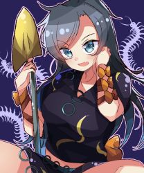 Rule 34 | 1girl, arm ribbon, blue eyes, blue hair, bow, breasts, bug, centipede, fang, green shirt, green skirt, grey hair, highres, himemushi momoyo, holding, holding shovel, long hair, medium breasts, meimei (meimei89008309), midriff, one-hour drawing challenge, open mouth, orange bow, orange ribbon, ribbon, shirt, shovel, sitting, skirt, touhou
