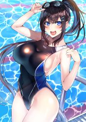 Rule 34 | 1girl, :d, absurdres, armpits, bare arms, black hair, black one-piece swimsuit, blue eyes, blush, breasts, competition swimsuit, crossed bangs, goggles, goggles on head, hair between eyes, hair ornament, hairclip, highres, kaerunoashi, large breasts, long hair, looking at viewer, one-piece swimsuit, open mouth, original, ponytail, pool, pool ladder, sideboob, sidelocks, smile, solo, standing, swimsuit, taut clothes, taut swimsuit, very long hair