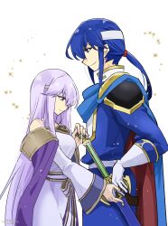 Rule 34 | 1boy, 1girl, bare shoulders, blue cape, blue eyes, blue hair, brother and sister, cape, circlet, dress, fire emblem, fire emblem: genealogy of the holy war, headband, julia (fire emblem), long hair, nintendo, ponytail, purple cape, purple eyes, purple hair, sash, seliph (fire emblem), siblings, simple background, tyrfing (fire emblem), white headband, wide sleeves, yukia (firstaid0)