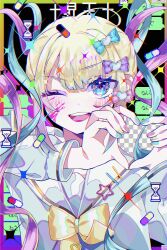 Rule 34 | 1girl, absurdres, blonde hair, blood, blood on face, blue bow, blue eyes, blue hair, blue nails, blue shirt, border, bow, chouzetsusaikawa tenshi-chan, commentary request, cursor, hair bow, hands up, heart, heart hands, highres, hourglass, long hair, long sleeves, looking at viewer, multicolored hair, multiple hair bows, nail polish, needy girl overdose, one eye closed, open mouth, pink blood, pink bow, pink hair, pink nails, purple bow, quad tails, sailor collar, shirt, smile, solo, speech bubble, translation request, upper body, yellow nails, zarame yuki