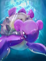Rule 34 | alternate color, animal focus, blue background, bubble, butter (oshi8kyoumoh), creatures (company), day, from below, game freak, gen 1 pokemon, highres, lapras, light rays, nintendo, no humans, outdoors, pokemon, pokemon (creature), purple eyes, shiny pokemon, solo, swimming, underwater