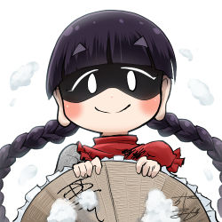 Rule 34 | 1girl, ajirogasa, black hair, blunt bangs, blush, braid, capelet, chamaji, clothes writing, commentary, dress, earlobes, grey dress, hat, holding, holding clothes, holding hat, long earlobes, long hair, looking at viewer, lowres, profile picture, red capelet, shaded face, signature, smile, snow, solo, touhou, twin braids, unworn hat, unworn headwear, upper body, white background, yatadera narumi