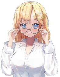 Rule 34 | 1girl, adjusting eyewear, blonde hair, blue eyes, blush, breasts, collared shirt, commentary, english commentary, glasses, grin, hair ornament, hands up, highres, hololive, hololive english, large breasts, long hair, long sleeves, shirt, shuuzo3, simple background, smile, solo, upper body, virtual youtuber, watson amelia, white background, white shirt