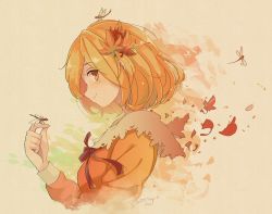 Rule 34 | 1girl, aki shizuha, animal, blonde hair, blush, bug, closed mouth, dated, dragonfly, from side, hair ornament, highres, insect, leaf hair ornament, long sleeves, red shirt, shirt, short hair, signature, smile, solo, tami (joemanyodw), touhou, upper body, yellow eyes