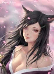 Rule 34 | 1girl, absurdres, animal ears, warrior of light (ff14), bare shoulders, black hair, blurry, blurry background, breasts, cat ears, character name, chuby mi, cleavage, closed mouth, commission, dutch angle, final fantasy, final fantasy xiv, heterochromia, highres, japanese clothes, kimono, lips, long hair, looking at viewer, medium breasts, miqo&#039;te, off shoulder, petals, slit pupils, smile, solo, sword, upper body, weapon, wind