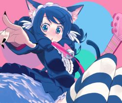Rule 34 | + +, 10s, 1girl, animal ears, bell, black hair, black nails, cat ears, cat girl, cat tail, chestnut mouth, curly hair, cyan (show by rock!!), fang, female focus, fingernails, gothic lolita, guitar, instrument, lolita fashion, long fingernails, maid headdress, nail polish, open mouth, pointing, pointing at viewer, ringlets, show by rock!!, solo, striped clothes, striped thighhighs, tail, thighhighs, yuuki (irodo rhythm)