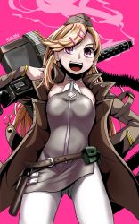 Rule 34 | 1girl, ammunition, ammunition belt, belt-fed, belt pouch, blonde hair, blush, browning m1919, bullet, carrying over shoulder, character name, commentary request, girls&#039; frontline, gun, hair ornament, hairclip, hat, highres, holstered, jacket, long hair, m1919a4 (girls&#039; frontline), machine gun, medium machine gun, military jacket, open mouth, pantyhose, pink eyes, pouch, simple background, smoke, solo, uniform, weapon, yaruku