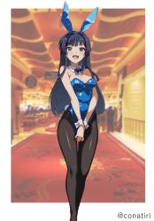 Rule 34 | 1girl, animal ears, bare shoulders, black hair, black pantyhose, blue bow, blue bowtie, blue eyes, blue leotard, blurry, blurry background, bow, bowtie, breasts, casino, cleavage, commentary request, detached collar, fake animal ears, fake tail, highleg, highleg leotard, idolmaster, idolmaster million live!, konachiri, legs, leotard, long hair, looking at viewer, medium breasts, mogami shizuka, open mouth, own hands together, pantyhose, playboy bunny, rabbit ears, rabbit tail, sidelocks, smile, solo, standing, tail, thighs, twitter username, wrist cuffs