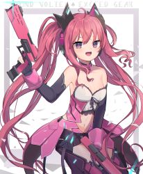 Rule 34 | 1girl, ahoge, armpits, bare shoulders, breasts, choker, elbow gloves, fang, gloves, goma (u p), grace (sound voltex), gun, hair between eyes, handgun, headphones, highres, holding, holding gun, holding weapon, long hair, looking at viewer, midriff, multicolored eyes, navel, open mouth, pink eyes, pink hair, pistol, small breasts, smile, solo, sound voltex, stomach, tagme, twintails, very long hair, weapon, white background