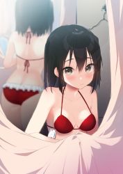 Rule 34 | 1girl, ass, bikini, black hair, blush, breasts, closed mouth, commission, covering privates, curtains, dated, fitting room, frilled bikini, frills, hair between eyes, hair down, kantai collection, koruri, looking at viewer, medium breasts, medium hair, mirror, price tag, red bikini, reflection, sendai (kancolle), skeb commission, solo, swimsuit, twitter username