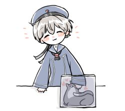 Rule 34 | 1girl, :3, bad id, bad twitter id, black neckerchief, blue hat, box, cat, closed eyes, clothes writing, dress, hat, kantai collection, karin bluez3, neckerchief, petting, sailor collar, sailor dress, sailor hat, short hair, silver hair, simple background, smile, solo, unsinkable sam, white background, z1 leberecht maass (kancolle)