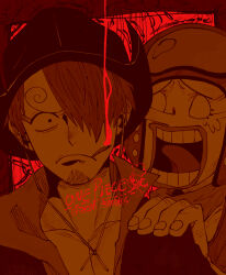 Rule 34 | 2boys, alternate costume, black eyes, black hat, blonde hair, cigarette, closed mouth, collarbone, commentary, commentary request, curly eyebrows, empty eyes, english commentary, english text, facial hair, goatee stubble, hair over one eye, hand on another&#039;s shoulder, hat, highres, larugo0513, long nose, male focus, mixed-language commentary, multiple boys, one eye covered, one piece, open mouth, sanji (one piece), short hair, shouting, signature, smoke, smoking, stubble, teeth, tongue, usopp