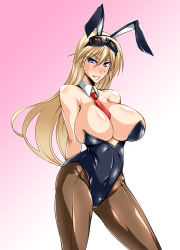 Rule 34 | 1girl, animal costume, animal ears, arms behind back, blonde hair, blue eyes, breasts, brown pantyhose, bursting breasts, cleavage, curvy, detached collar, fake animal ears, female focus, goggles, goggles on head, groin, hanna-justina marseille, hip focus, huge breasts, kanten, leotard, long hair, looking at viewer, necktie, pantyhose, playboy bunny, rabbit ears, seamed legwear, simple background, smile, solo, standing, strike witches, wide hips, witches of africa, world witches series