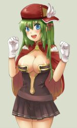 Rule 34 | 1girl, :d, areola slip, belt, blue eyes, blush, bow, breasts, brown belt, brown dress, cabbie hat, cape, cleavage, clenched hands, commentary request, cowboy shot, creator (ragnarok online), dress, gloves, green hair, grey background, hair between eyes, hair bow, hat, large breasts, long hair, looking at viewer, medium bangs, navel, open mouth, pleated dress, plunging neckline, ragnarok online, red bow, red cape, red hat, round teeth, shiny skin, short dress, sideways hat, simple background, smile, solo, strapless, strapless dress, teeth, upper teeth only, uzuki kouta, white gloves