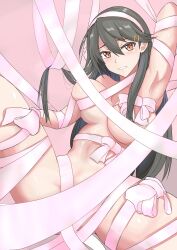 Rule 34 | 1girl, absurdres, arm up, black hair, breasts, brown eyes, convenient censoring, entangled, hair ornament, hairclip, haruna (kancolle), headband, highres, kantai collection, ken (shutenndouji1), large breasts, looking at viewer, nude, pink background, ribbon, simple background, solo, white ribbon, wrapping