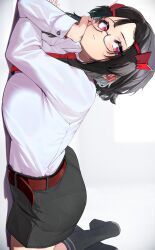 Rule 34 | 1girl, arm support, ass, belt, black hair, black skirt, breasts, closed mouth, hair ornament, half-closed eyes, highres, kashu (hizake), large breasts, lying, on stomach, original, red eyes, shirt, skirt, solo, the pose, white shirt