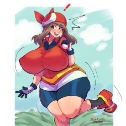 Rule 34 | 1girl, bandana, blue eyes, breasts, brown hair, creatures (company), curvy, fanny pack, game freak, gloves, holding, holding poke ball, huge breasts, may (pokemon), nintendo, pinkkoffin, poke ball, pokemon, red bandana, red shirt, redrawn, shirt, solo, thick thighs, thighs