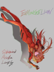 Rule 34 | 1girl, artist request, blue eyes, bodysuit, breasts, brown hair, character name, eyebrows visible through, full body, hair between eyes, highres, long hair, looking at viewer, neon genesis evangelion, plugsuit, rebuild of evangelion, red bodysuit, shadow, shiny clothes, simple background, skin tight, solo, souryuu asuka langley, two side up, very long hair