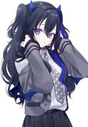 Rule 34 | 1girl, black collar, black hair, black skirt, black wings, blazer, blue hair, blue horns, blue wings, collar, collared shirt, commentary, demon girl, demon horns, demon wings, gradient wings, grey jacket, grey necktie, hair between eyes, hands up, highres, horns, ichinose uruha, ichinose uruha (6th costume), jacket, long hair, long sleeves, looking at viewer, lupinus virtual games, misumi (macaroni), multicolored hair, multicolored wings, necktie, off shoulder, official alternate costume, official alternate hairstyle, pleated skirt, purple eyes, shirt, shirt tucked in, simple background, skirt, solo, streaked hair, tongue, tongue out, two-tone hair, two side up, upper body, virtual youtuber, vspo!, white background, white shirt, wings