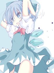 Rule 34 | 1girl, arms behind head, arms up, blue bow, blue dress, blue eyes, blue hair, blue theme, bow, bowtie, cirno, commentary request, cowboy shot, dress, hair bow, ice, ice wings, inasa orange, light blush, medium hair, open mouth, puffy short sleeves, puffy sleeves, red bow, red bowtie, short sleeves, solo, touhou, two-tone background, wings