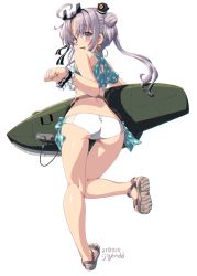 Rule 34 | 1girl, ahoge, akitsushima (kancolle), artist name, ass, bag, bikini, blush, butt crack, commentary request, dd (ijigendd), earrings, frills, full body, highres, jewelry, kantai collection, long hair, looking at viewer, looking back, open mouth, purple eyes, purple hair, ribbon, sandals, solo, swimsuit, white bikini