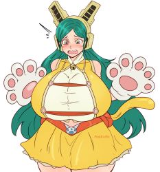 Rule 34 | 1girl, alternate breast size, animal hands, artist name, bare shoulders, blush, boku no hero academia, breasts, curvy, facial mark, gloves, green hair, highres, huge breasts, long hair, open mouth, paw gloves, pinkkoffin, ragdoll (boku no hero academia), skirt, solo, thick thighs, thighs, whisker markings, white background, wide hips