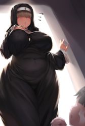 Rule 34 | 1boy, 1girl, black hair, blonde hair, blush, breasts, covered erect nipples, covered navel, flying sweatdrops, hair over eyes, highres, large breasts, moisture (chichi), mole, mole under eye, nun, open mouth, original, own hands together, parted lips, plump, thick thighs, thighs, wide hips