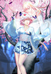 Rule 34 | 2girls, absurdres, adapted costume, alternate costume, animal print, bare tree, breasts, bug, butterfly, butterfly print, butterfly wings, cherry blossoms, cleavage, closed eyes, crying, dual persona, hand fan, highres, hitodama, holding, holding fan, insect, insect wings, japanese clothes, kimono, large breasts, lips, long hair, long sleeves, looking at viewer, multiple girls, nail polish, obi, pink eyes, pink hair, pink nails, qidai, ribbon, saigyouji yuyuko, saigyouji yuyuko (living), sash, short hair, short kimono, tears, touhou, tree, triangular headpiece, wide sleeves, wings, yukata