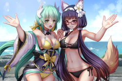 Rule 34 | 2girls, :d, animal ears, aqua hair, armpits, beach, bikini, black bikini, black hair, blue sky, blush, bow, breasts, brown eyes, cleavage, cowboy shot, day, dragon girl, dragon horns, fate/grand order, fate (series), flower, fox ears, fox girl, fox tail, frilled bikini, frills, glasses, hair bow, hair flower, hair ornament, hairband, highres, horns, interlocked fingers, kiyohime (fate), kiyohime (fate/grand order), kiyohime (swimsuit lancer) (fate), kiyohime (swimsuit lancer) (first ascension) (fate), large breasts, long hair, looking at viewer, low twintails, multiple girls, multiple horns, open mouth, osakabehime (fate), osakabehime (foxy lady) (fate), outdoors, pom pom (cheerleading), red-framed eyewear, revision, sky, smile, swimsuit, tail, twintails, very long hair, wide sleeves, yellow bikini, yellow bow, yellow eyes, youshuu