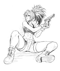 Rule 34 | 1girl, abs, anagumasan, bare shoulders, boots, earrings, gloves, greyscale, gun, highres, holding, holding gun, holding weapon, jewelry, leona heidern, lineart, looking to the side, midriff, monochrome, muscular, muscular female, ponytail, shorts, simple background, sitting, snk, solo, spread legs, tank top, the king of fighters, triangle earrings, weapon