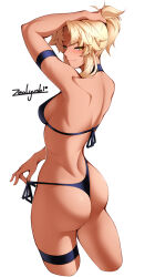 Rule 34 | 1girl, arm up, armband, ass, bare shoulders, bicep strap, bikini, bikini pull, black bikini, blonde hair, blue bikini, blush, breasts, closed mouth, clothes pull, commentary, contrapposto, cropped legs, dark persona, fate/grand order, fate (series), from behind, halterneck, holding, holding own hair, looking back, medium breasts, mordred (fate), naughty face, ponytail, pussy juice, shoulder blades, side-tie bikini bottom, sideboob, smile, solo, standing, strap pull, string bikini, swimsuit, thigh strap, thighs, thong bikini, white background, yellow eyes, zealyush